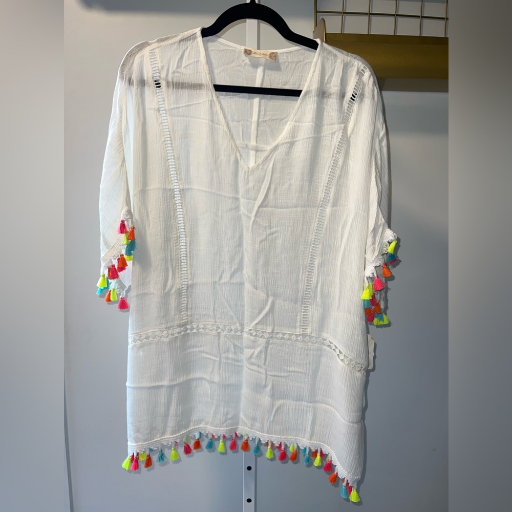 NWT Altar'd state Size Small White With Neon Tassel Cover-Up